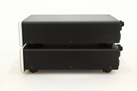 Side view of a used pair of Bel Canto REF600M Monoblock Power Amplifiers in Silver finish
