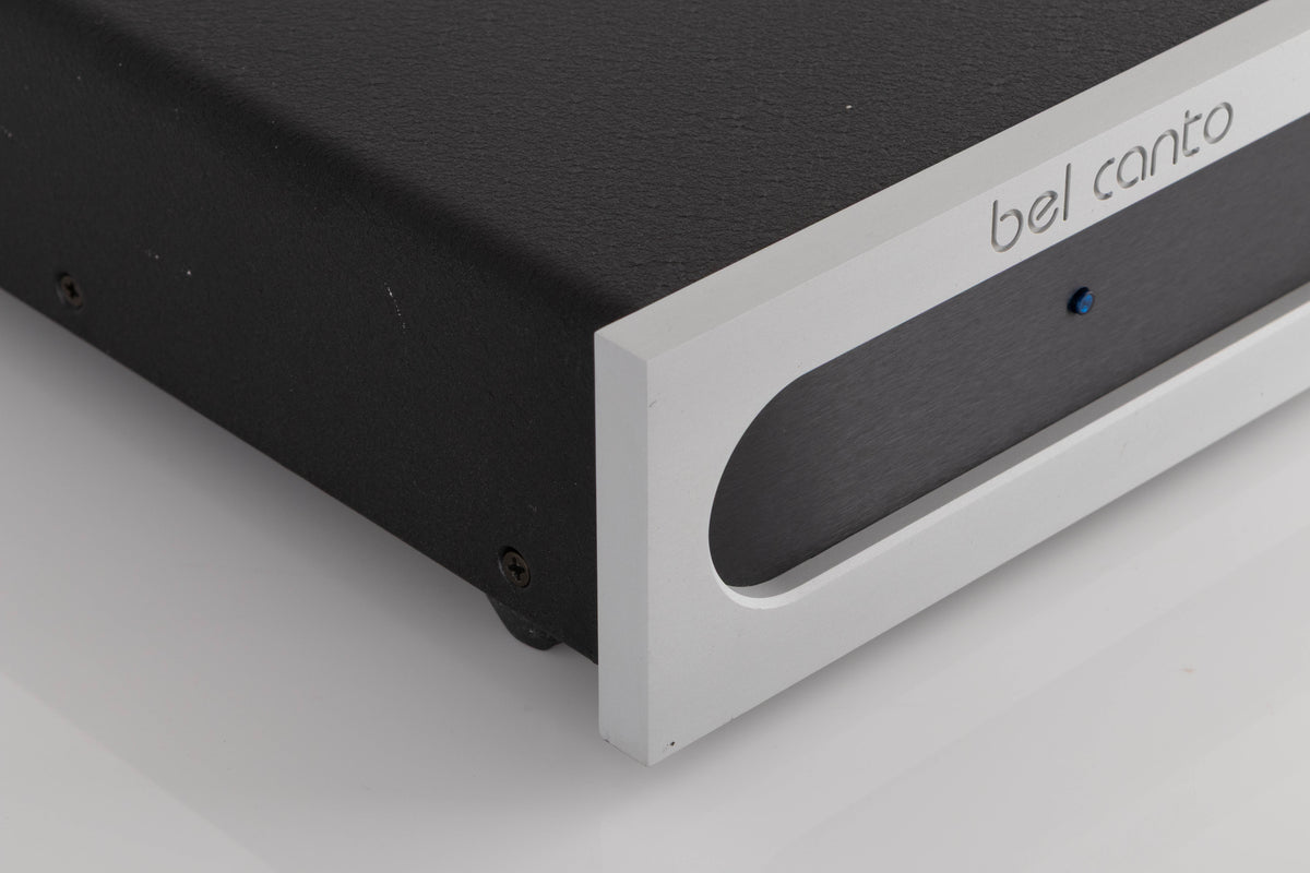 Front left corner view of a used Bel Canto S300 Power Amplifier