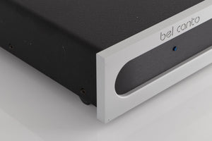 Front left corner view of a used Bel Canto S300 Power Amplifier