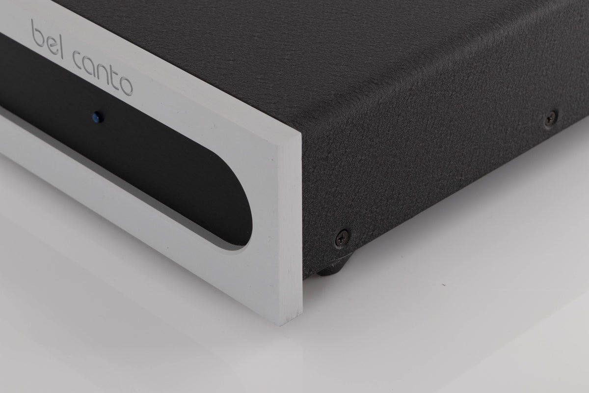 Front right corner view of a used Bel Canto S300 Power Amplifier