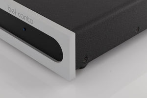 Front right corner view of a used Bel Canto S300 Power Amplifier