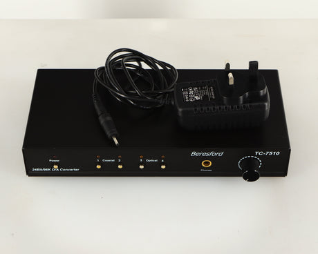 Top of a used Beresford TC7510 Digital Analogue Converter in a black finish showing Power Supply