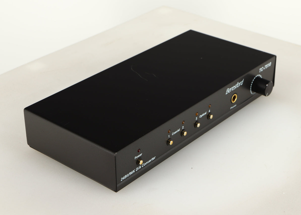 Front left corner of a used Beresford TC7510 Digital Analogue Converter in a black finish