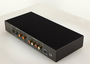 Rear left corner of a used Beresford TC7510 Digital Analogue Converter in a black finish