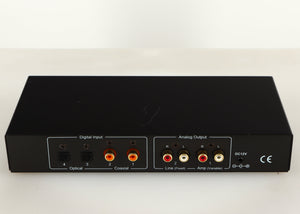 Rear view of a used Beresford TC7510 Digital Analogue Converter in a black finish showing Phono Inputs, Phono Outputs and Optical Inputs