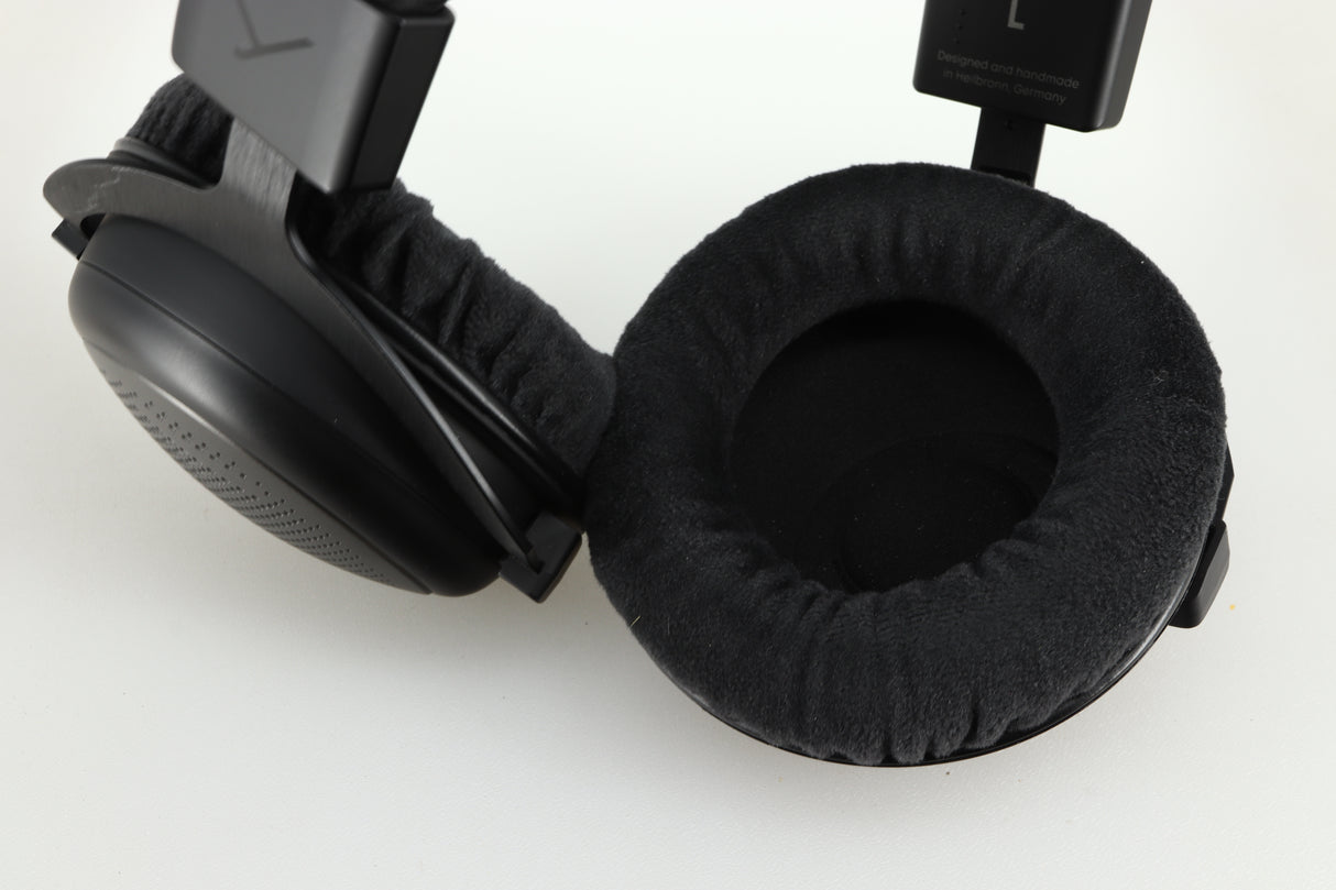 Close up of a used Beyer Dynamic T-1 GEN3 Headphones in a black/silver finish showing the inside of the muff 