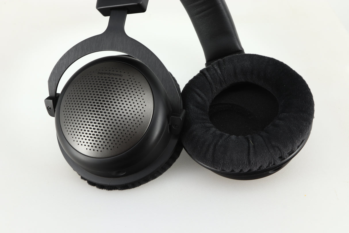 Close up of a used Beyer Dynamic T-1 GEN3 Headphones in a black/silver finish showing the inside of the muff 