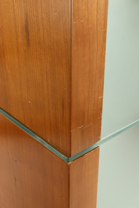 Close up of a used BLOK Hifi Stand Shelf 3 in a cherry finish showing some scratches