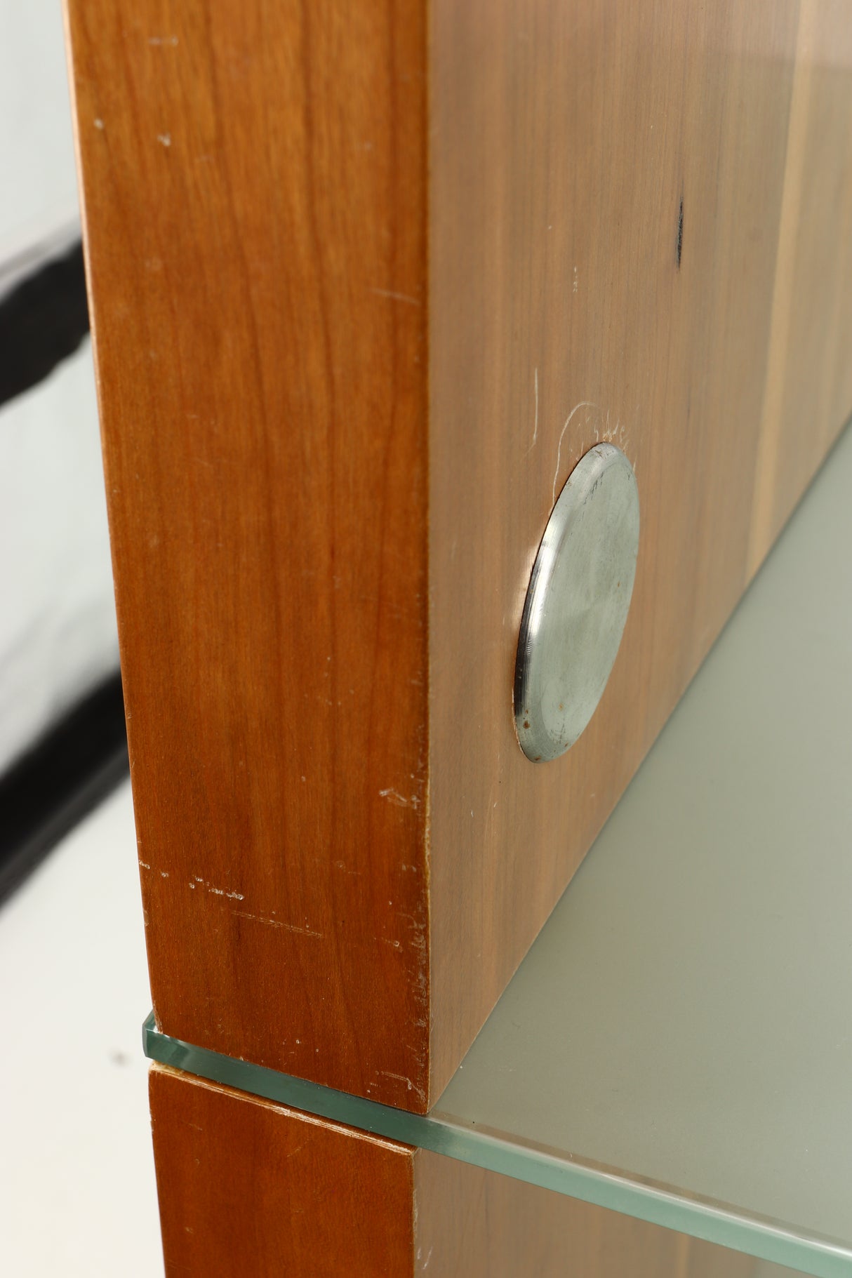 Close up of a used BLOK Hifi Stand Shelf 3 in a cherry finish showing some scratches