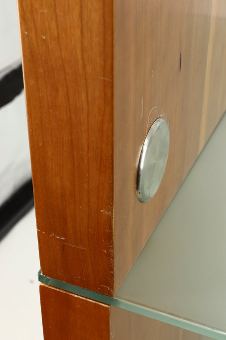 Close up of a used BLOK Hifi Stand Shelf 3 in a cherry finish showing some scratches