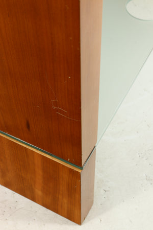 Close up of a used BLOK Hifi Stand Shelf 3 in a cherry finish showing some scratches