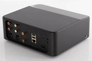 Rear left corner of a used Bluesound Node Icon Music Streamer in a Black finish