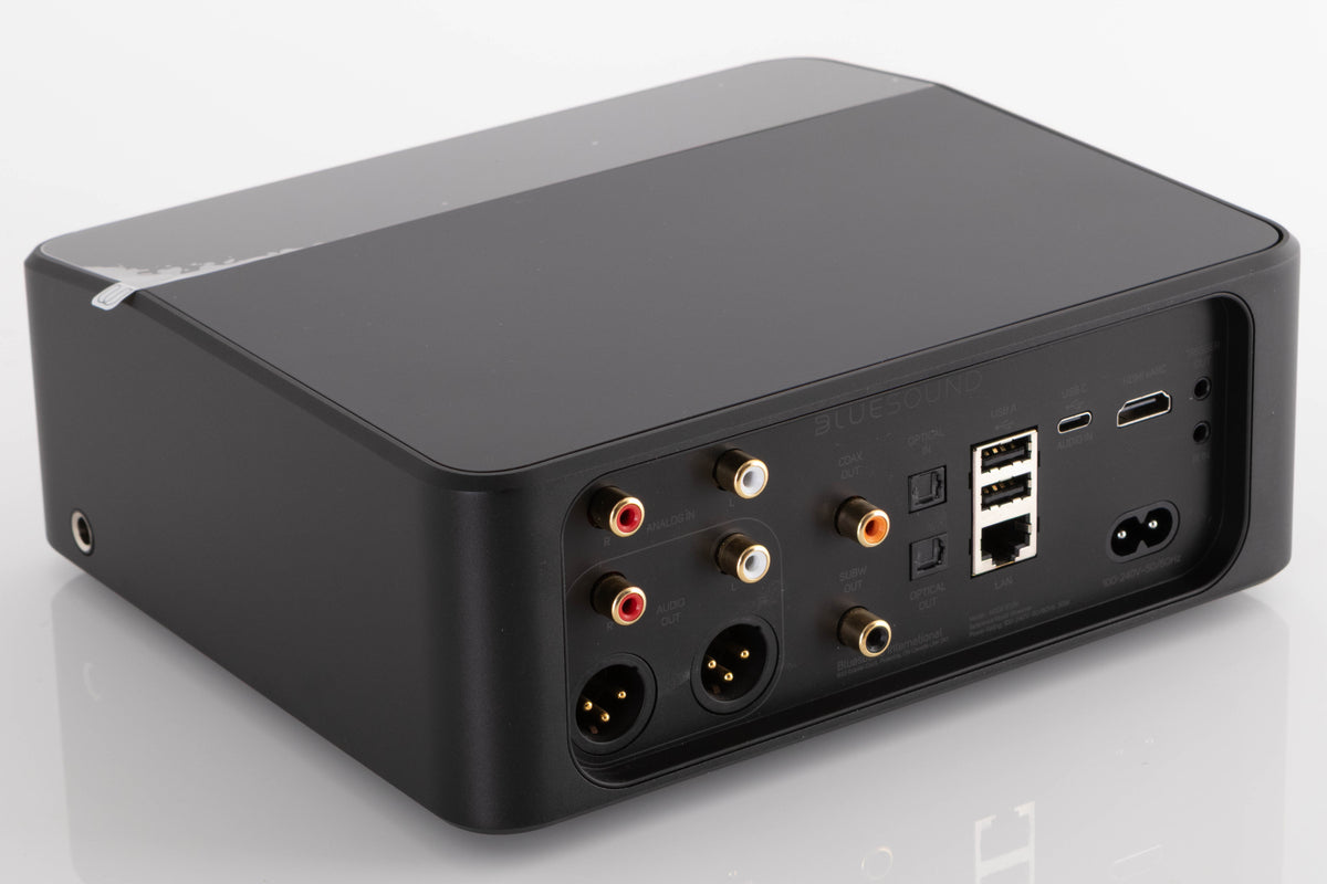Rear right corner of a used Bluesound Node Icon Music Streamer in a Black finish