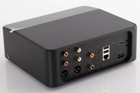Rear right corner of a used Bluesound Node Icon Music Streamer in a Black finish