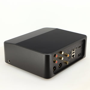 Rear right corner of a used Bluesound Node Icon Streamer in a black finish
