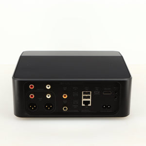 Rear view of a used Bluesound Node Icon Streamer in a black finish showing HDMI Output, Phono Inputs, Phono Outputs, Power Input, Network Input and USB Input