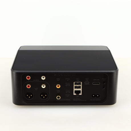 Rear view of a used Bluesound Node Icon Streamer in a black finish showing HDMI Output, Phono Inputs, Phono Outputs, Power Input, Network Input and USB Input