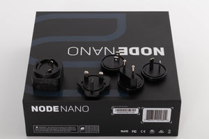 Box for a used Bluesound Node Nano Streamer in a Black finish showing PSU, Schuko Plug and Mains Plug
