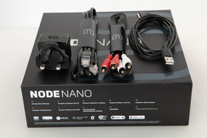 Box of a used Bluesound Node Nano Streamer with Mains Adaptor, Ethernet Cable, USB Cable, RCA Cables, and Manual
