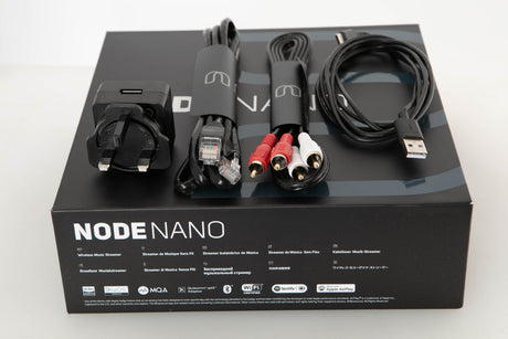 Box of a used Bluesound Node Nano Streamer with Mains Adaptor, Ethernet Cable, USB Cable, RCA Cables, and Manual