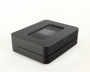 Front left corner of a used Bluesound Powernode 2i Streaming Amplifier in a black finish