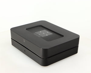 Front right corner of a used Bluesound Powernode 2i Streaming Amplifier in a black finish