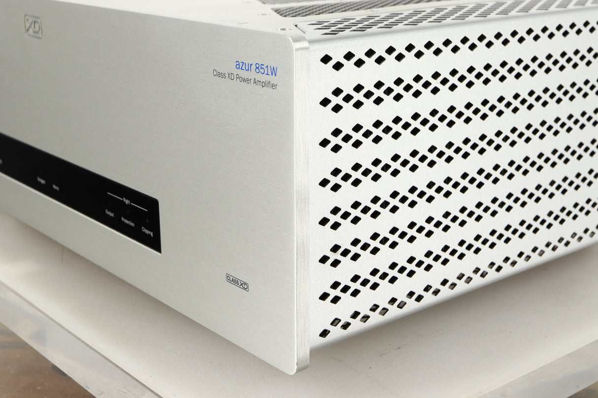 Front right corner of a used Cambridge Audio 851W Power Amplifier in a silver finish
