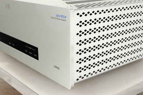 Front right corner of a used Cambridge Audio 851W Power Amplifier in a silver finish