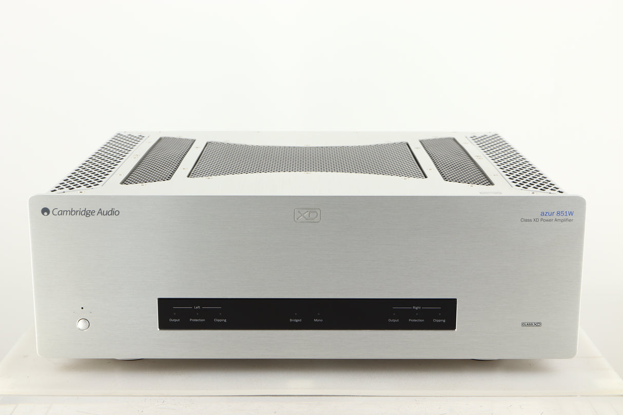 Front view of a used Cambridge Audio 851W Power Amplifier in a silver finish