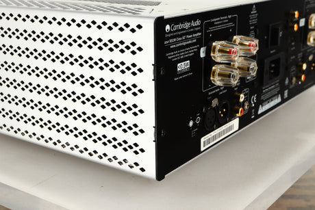Rear right corner of a used Cambridge Audio 851W Power Amplifier in a silver finish