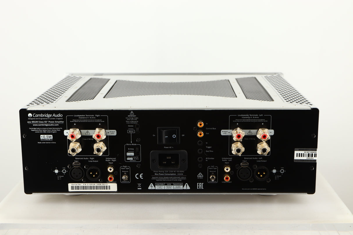 Rear view of a used Cambridge Audio 851W Power Amplifier in a silver finish