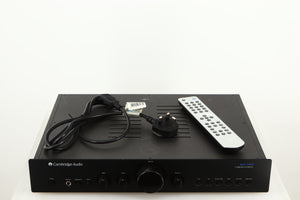 Top of a used Cambridge Audio 340A Integrated Amplifier in a black finish showing Remote and Mains Cable