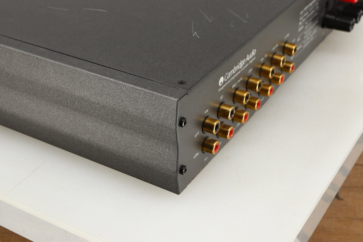 Rear right corner of a used Cambridge Audio 340A Integrated Amplifier in a black finish