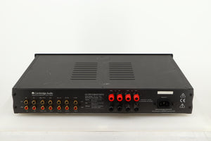 Rear view of a used Cambridge Audio 340A Integrated Amplifier in a black finish showing Mains Cable, Phono Inputs and Phono Outputs