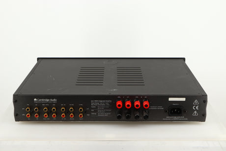 Rear view of a used Cambridge Audio 340A Integrated Amplifier in a black finish showing Mains Cable, Phono Inputs and Phono Outputs