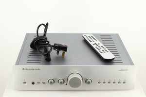 Top of a used Cambridge Audio Azur 640A Integrated Amplifier in a silver finish showing Mains Cable and Remote