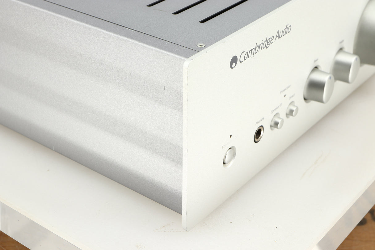 Front left corner of a used Cambridge Audio Azur 640A Integrated Amplifier in a silver finish