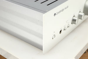 Front left corner of a used Cambridge Audio Azur 640A Integrated Amplifier in a silver finish