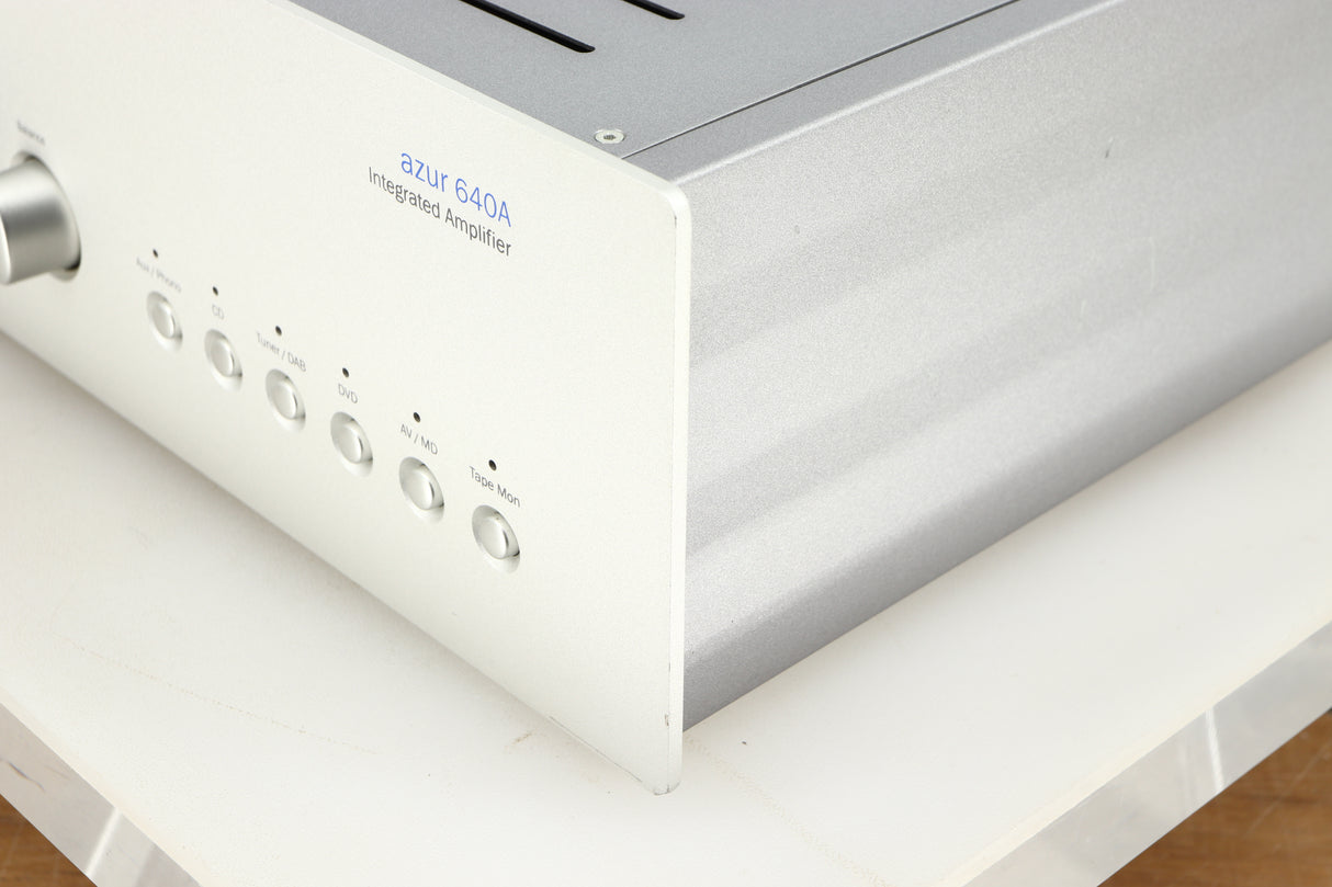 Front right corner of a used Cambridge Audio Azur 640A Integrated Amplifier in a silver finish