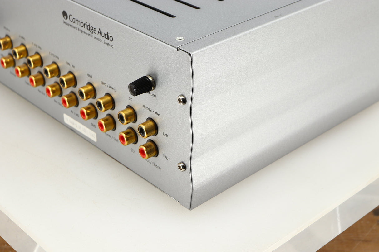 Rear left corner of a used Cambridge Audio Azur 640A Integrated Amplifier in a silver finish