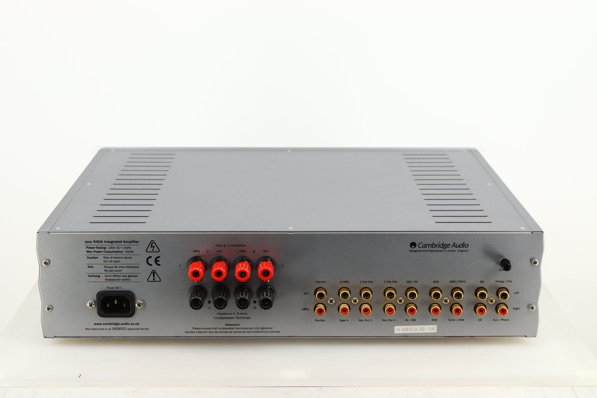 Rear view of a used Cambridge Audio Azur 640A Integrated Amplifier in a silver finish showing Mains Input, Phono Inputs and Phono Outputs