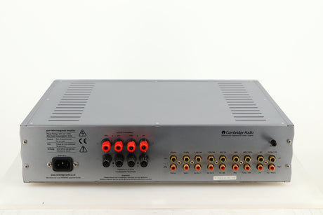 Rear view of a used Cambridge Audio Azur 640A Integrated Amplifier in a silver finish showing Mains Input, Phono Inputs and Phono Outputs
