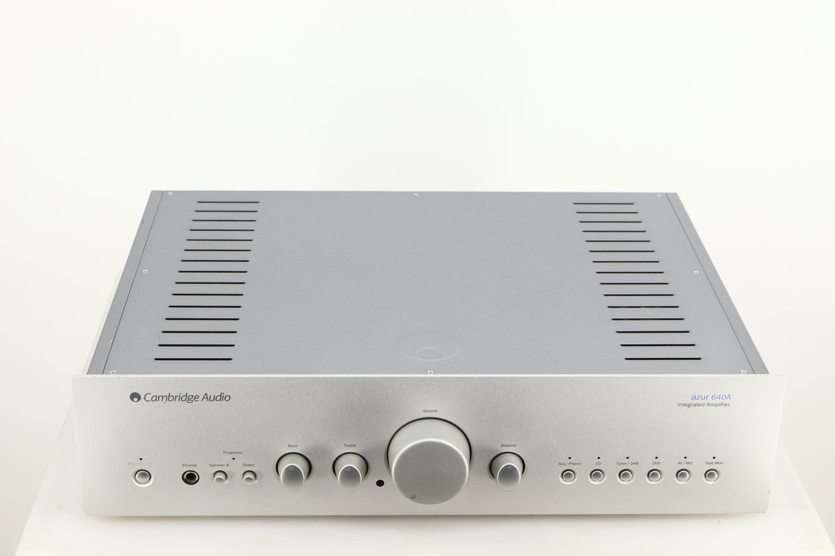 Top of a used Cambridge Audio Azur 640A Integrated Amplifier in a silver finish