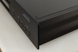 Close up of a used Cambridge Audio Azure 540C CD Player in a black finish showing very small scratches on right side