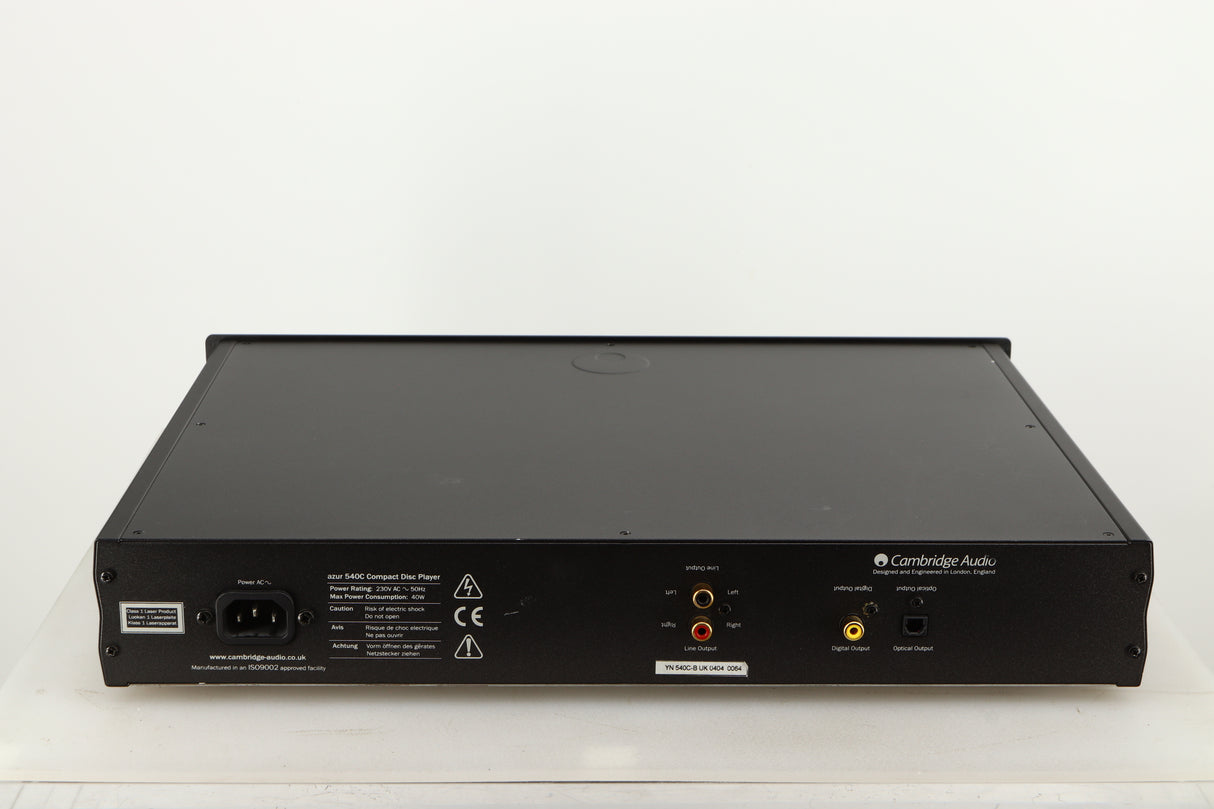 Rear view of a used Cambridge Audio Azure 540C CD Player in a black finish showing Mains Input, Optical Output and Phono Outputs