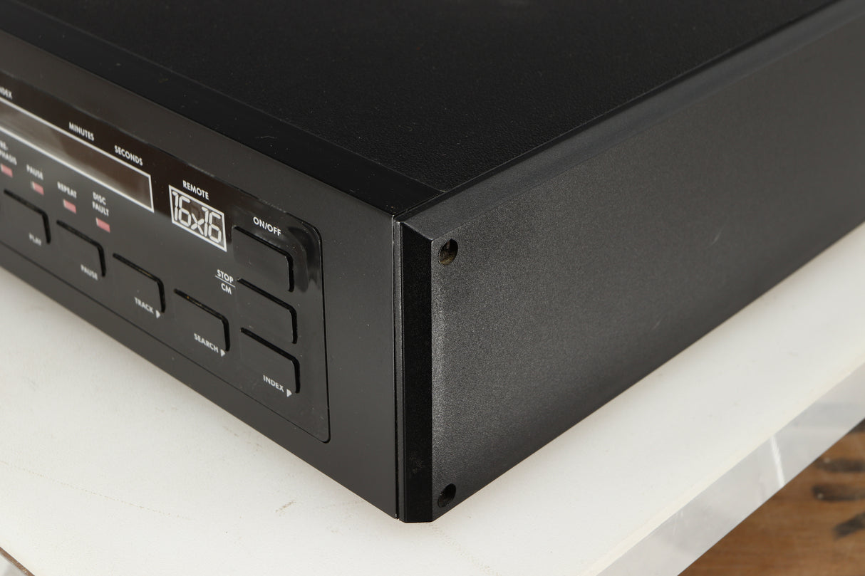 Front right corner of a used Cambridge Audio CD2 CD Player in a black finish