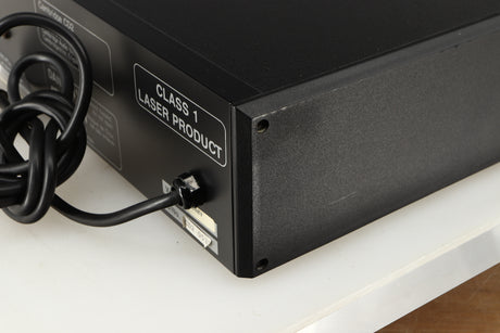 Rear left corner of a used Cambridge Audio CD2 CD Player in a black finish