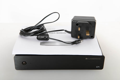 Front view of a used Cambridge Audio CP1 MM Phono Pre Amplifier with mains cable and manual