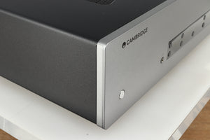 Front left corner of a used Cambridge Audio CXA81 GEN2 Integrated Amplifier in a lunar grey finish