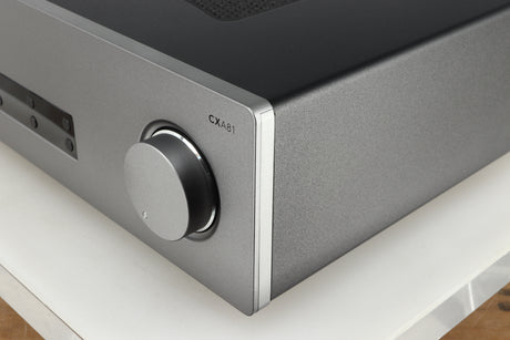 Front right corner of a used Cambridge Audio CXA81 GEN2 Integrated Amplifier in a lunar grey finish